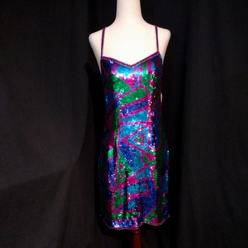 VTG NWT Night Vogue Sleeveless X-Back Sequin/Beaded Dress Pink Blue Green Sz XL